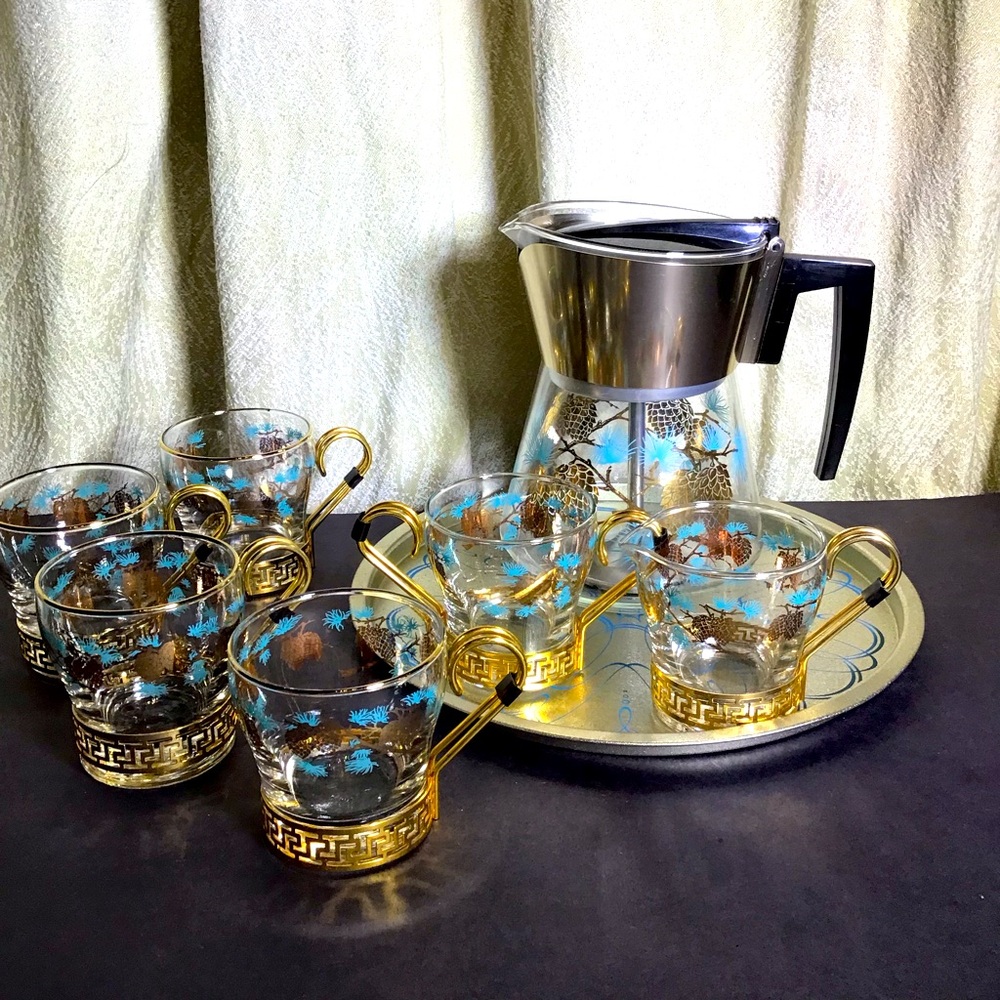 David Douglas Libbey vintage coffee set glass 22kt gold turquoise pine cones MCM